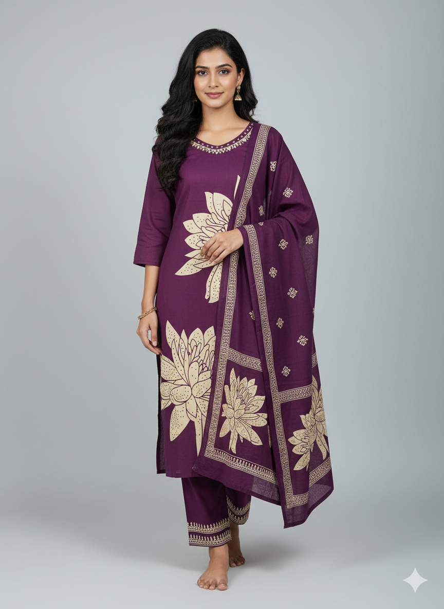 Purple Lotus Printed Kurti Set