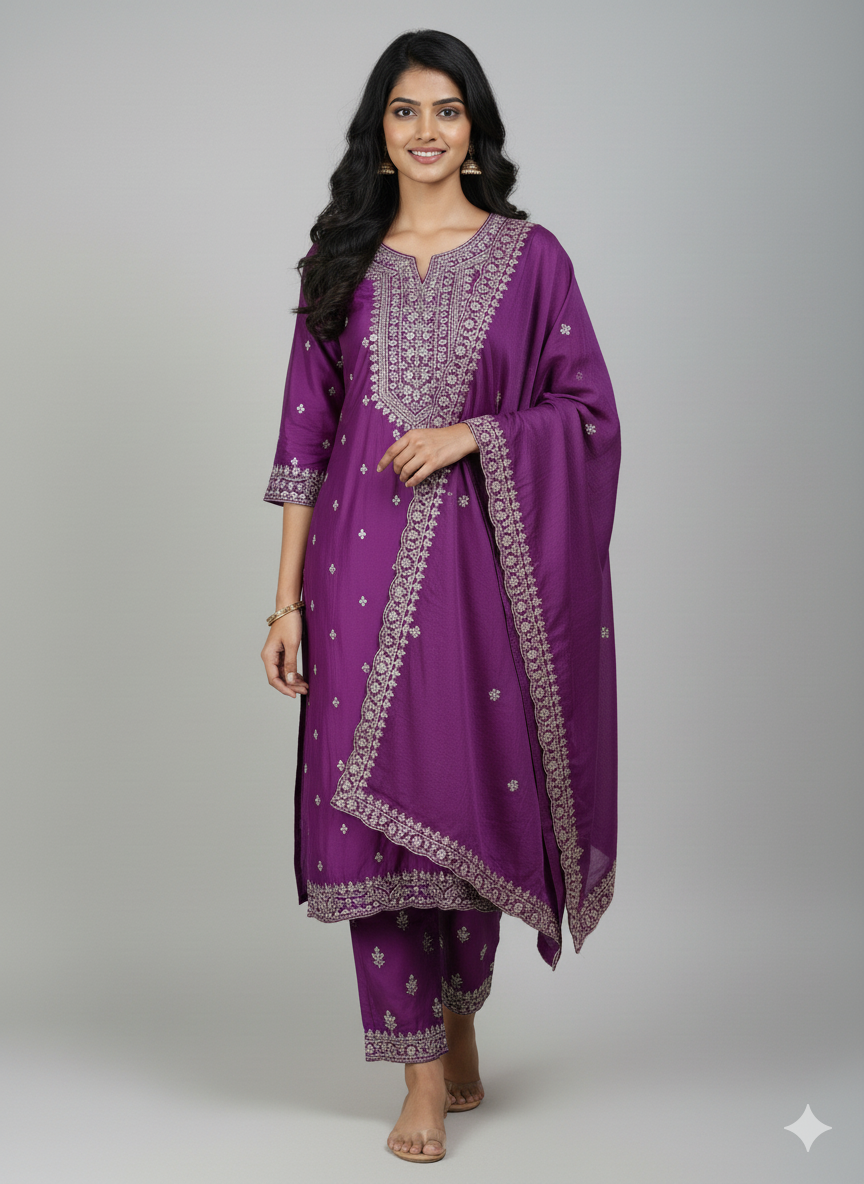 Royal Purple Hand-Embroidered Chanderi Cotton Suit Set