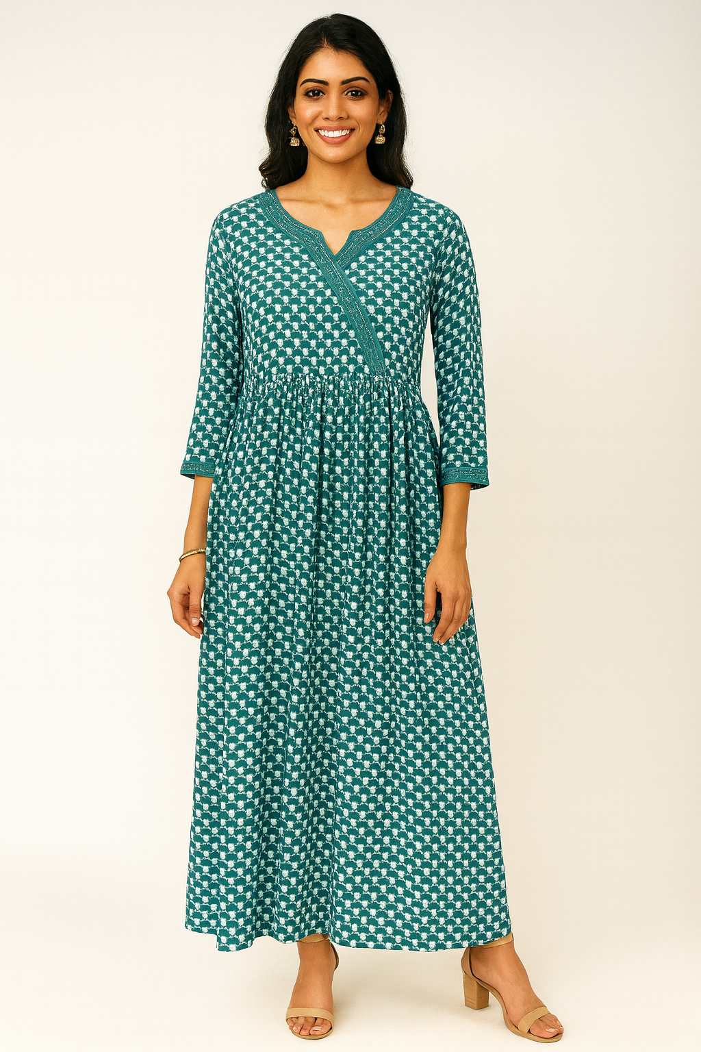 Teal Printed Cotton Maxi Dress for Women