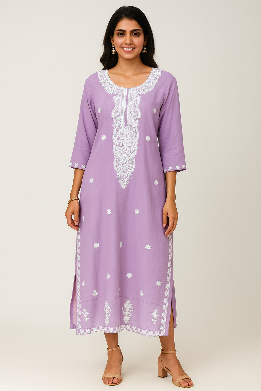 Lavender Chikankari Embroidered Straight Kurti
