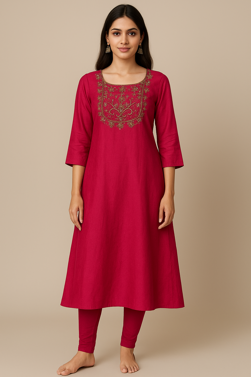 Rani Pink Embroidered Rayon A-Line Kurti